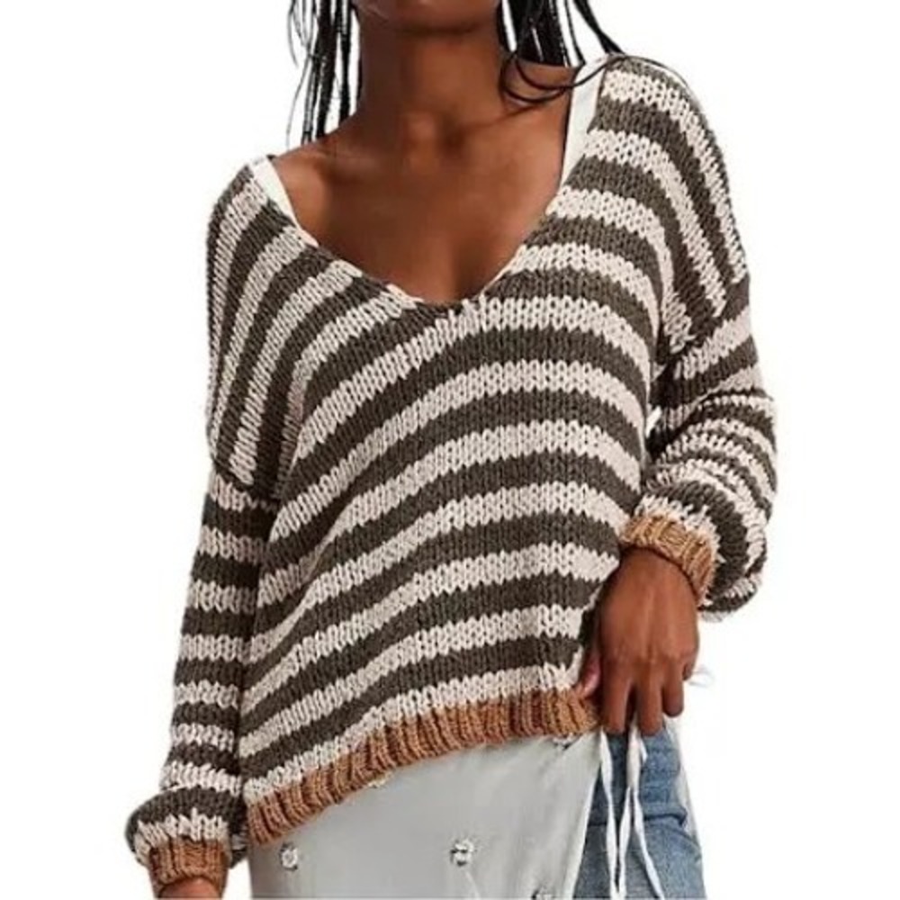 Free People Portland Pullover Olive Striped Chunky Knit V-Neck Sweater Large